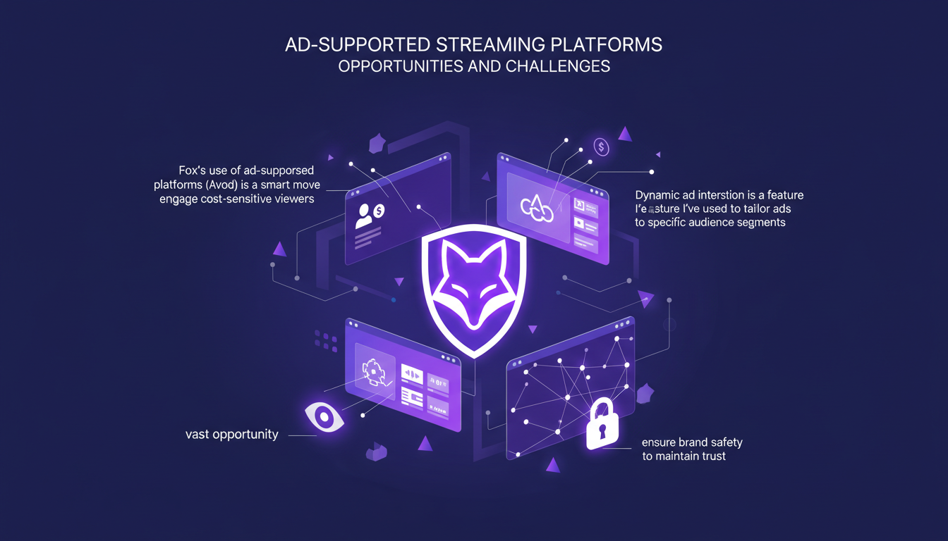 Modern illustration of ad-supported streaming platforms highlighting opportunities and challenges with geometric shapes and gradient overlays.