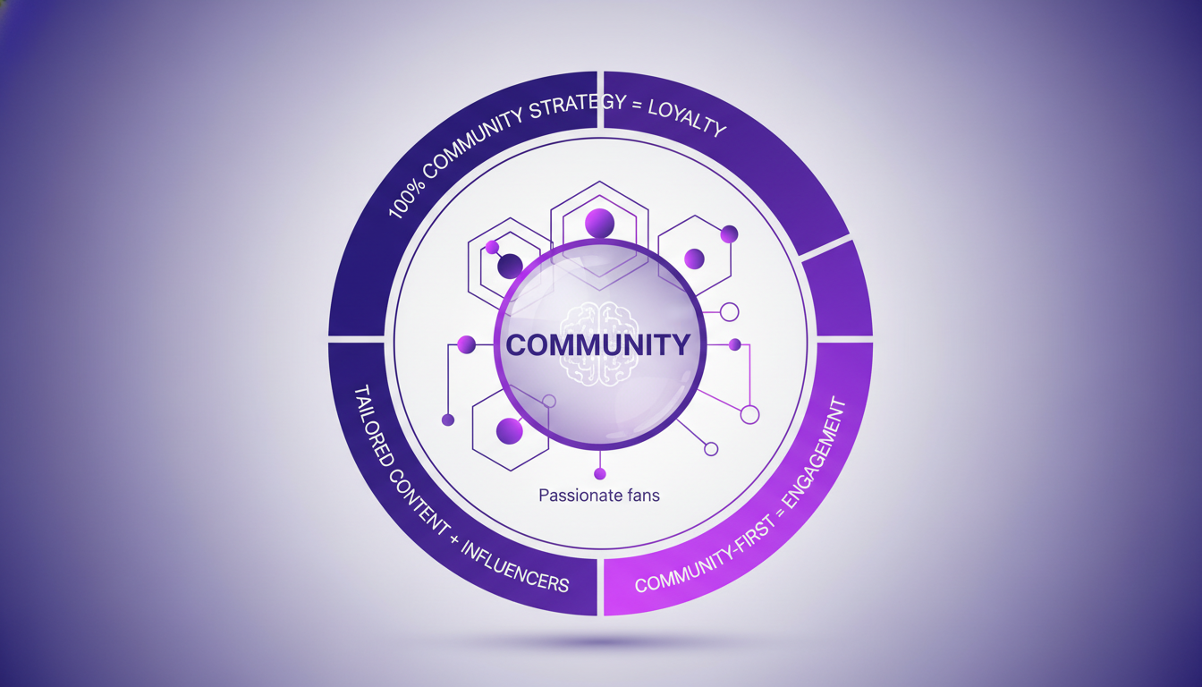 Modern illustration of community building with engaged fans, leveraging AI and influencer partnerships for loyalty and engagement.