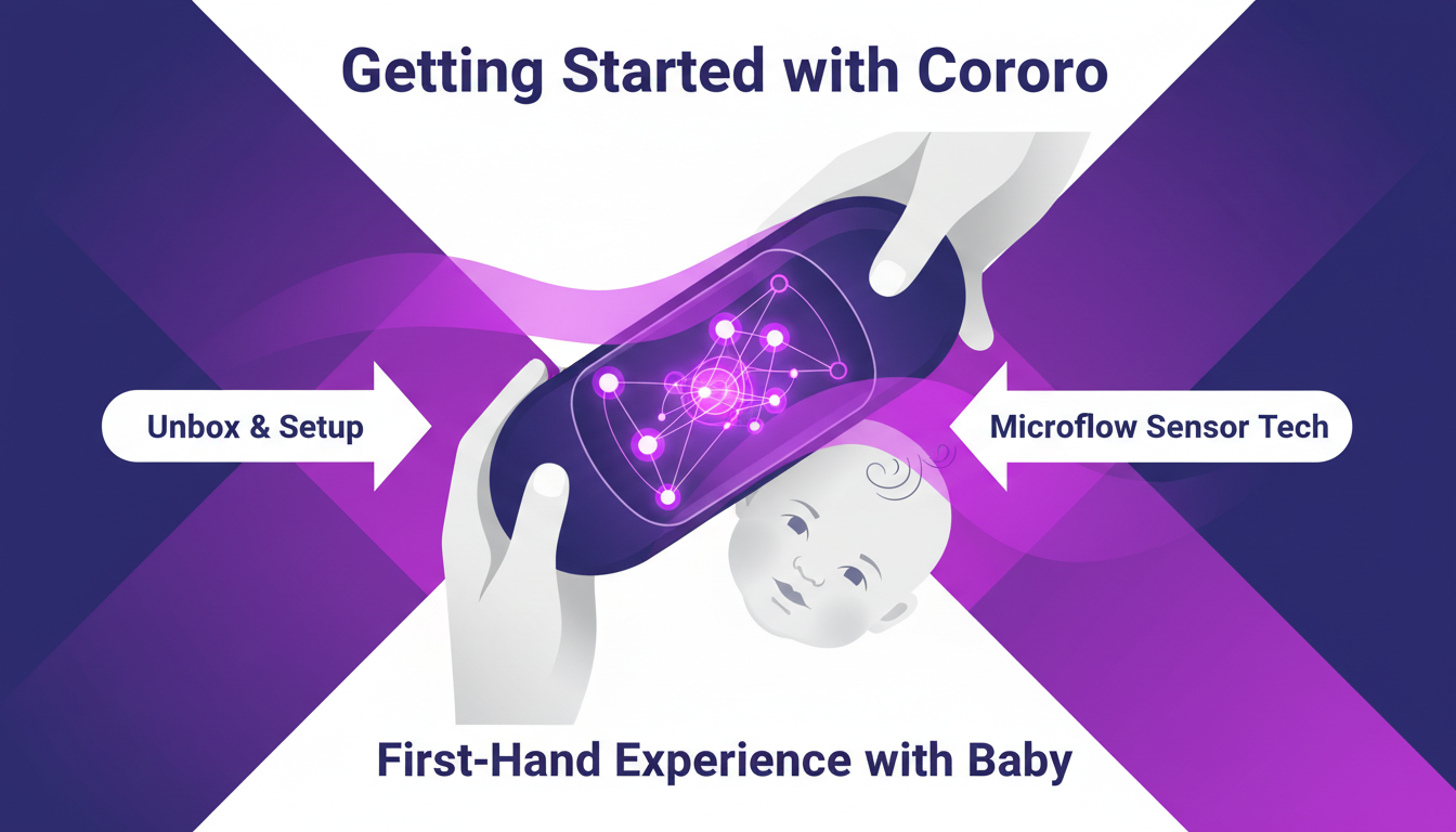 Modern illustration of setting up the Cororo device, highlighting microflow sensor technology for baby, in indigo and violet hues.
