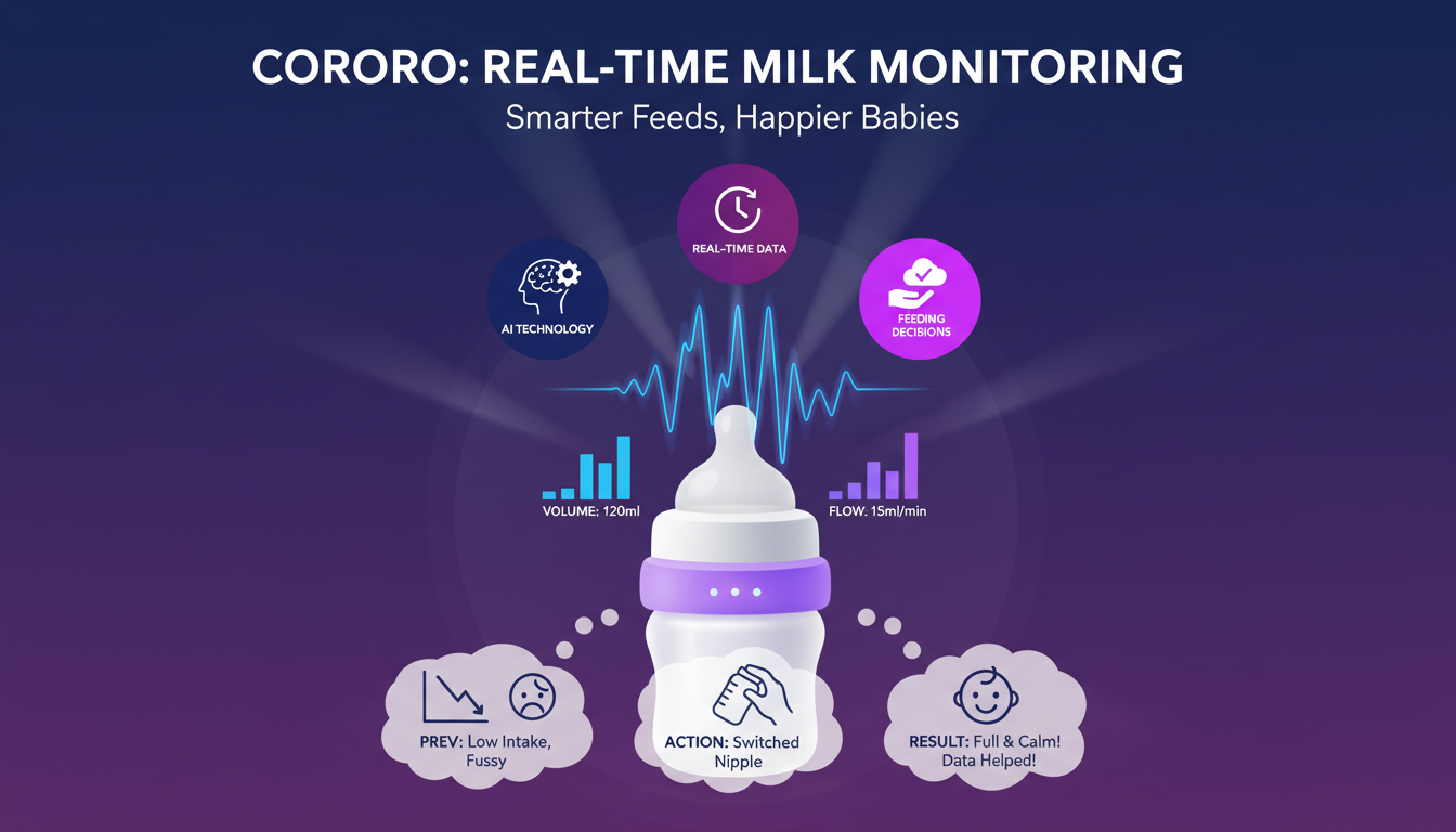 Modern illustration of real-time milk intake monitoring with Cororo, using AI to optimize feeding, featuring geometric shapes and gradients.