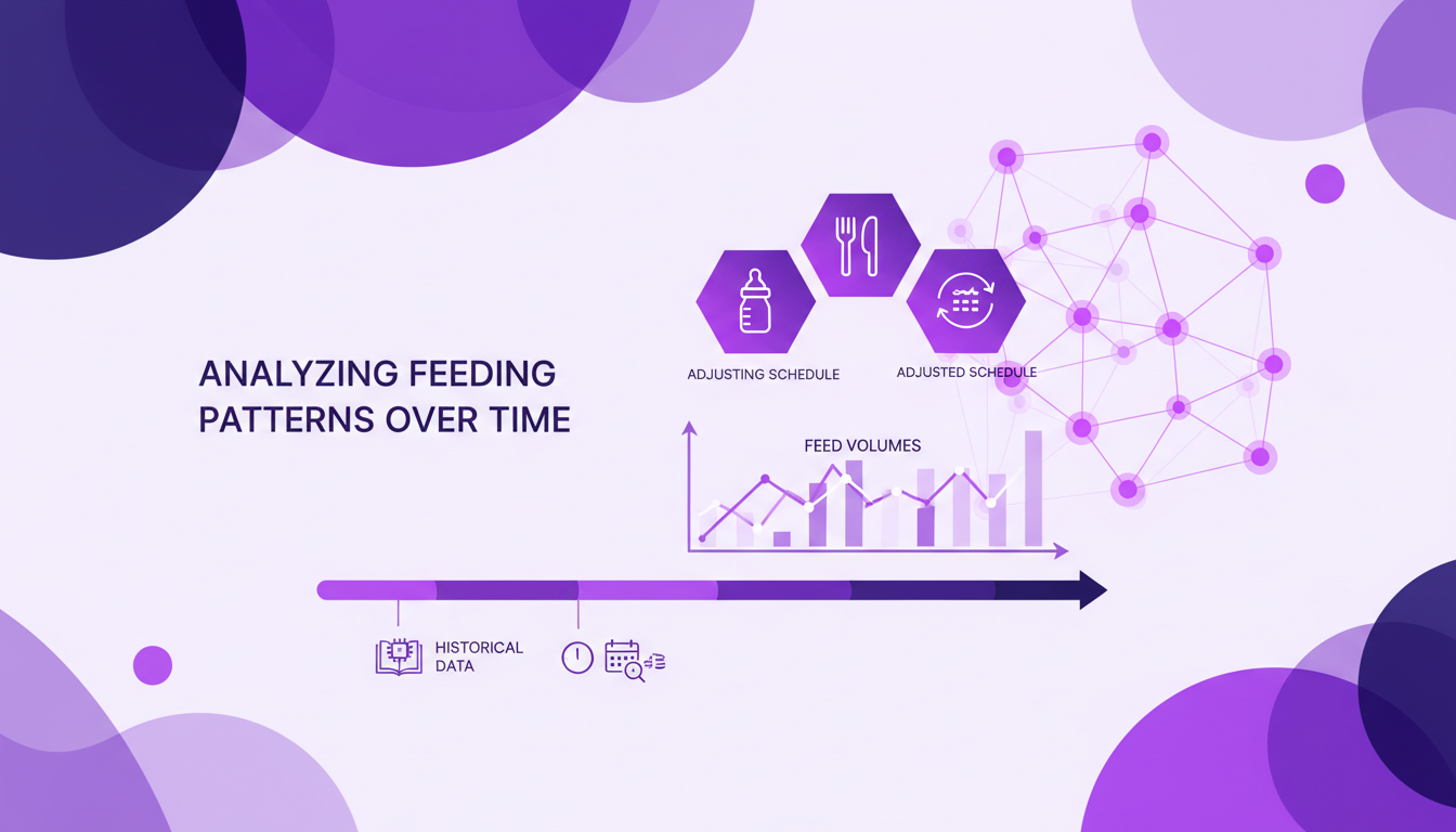 Modern illustration of analyzing feeding patterns with geometric shapes and violet gradients, suitable for an AI-focused article.