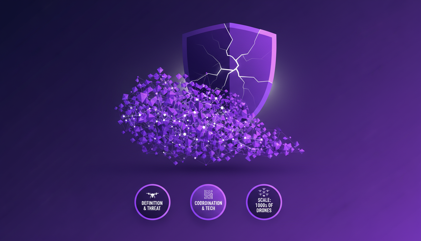 Modern illustration of drone swarm threats, depicting thousands of AI-coordinated drones in violet and indigo hues.