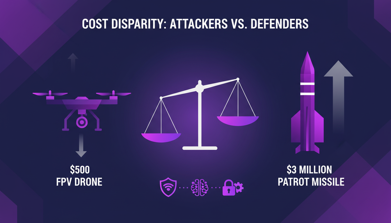 Modern illustration depicting cost disparity between $500 FPV drones and $3 million Patriot missiles, featuring geometric elements.