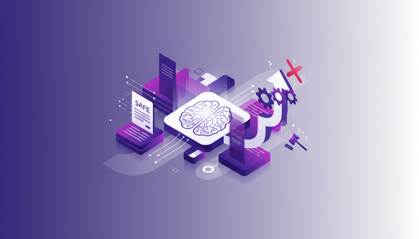 Modern illustration of legal and logistical challenges in startups, featuring geometric shapes and violet gradients, relevant to AI.
