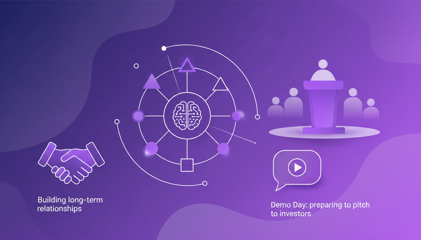 Modern illustration of Y Combinator's ecosystem, highlighting networking, investor pitching, and AI innovation.