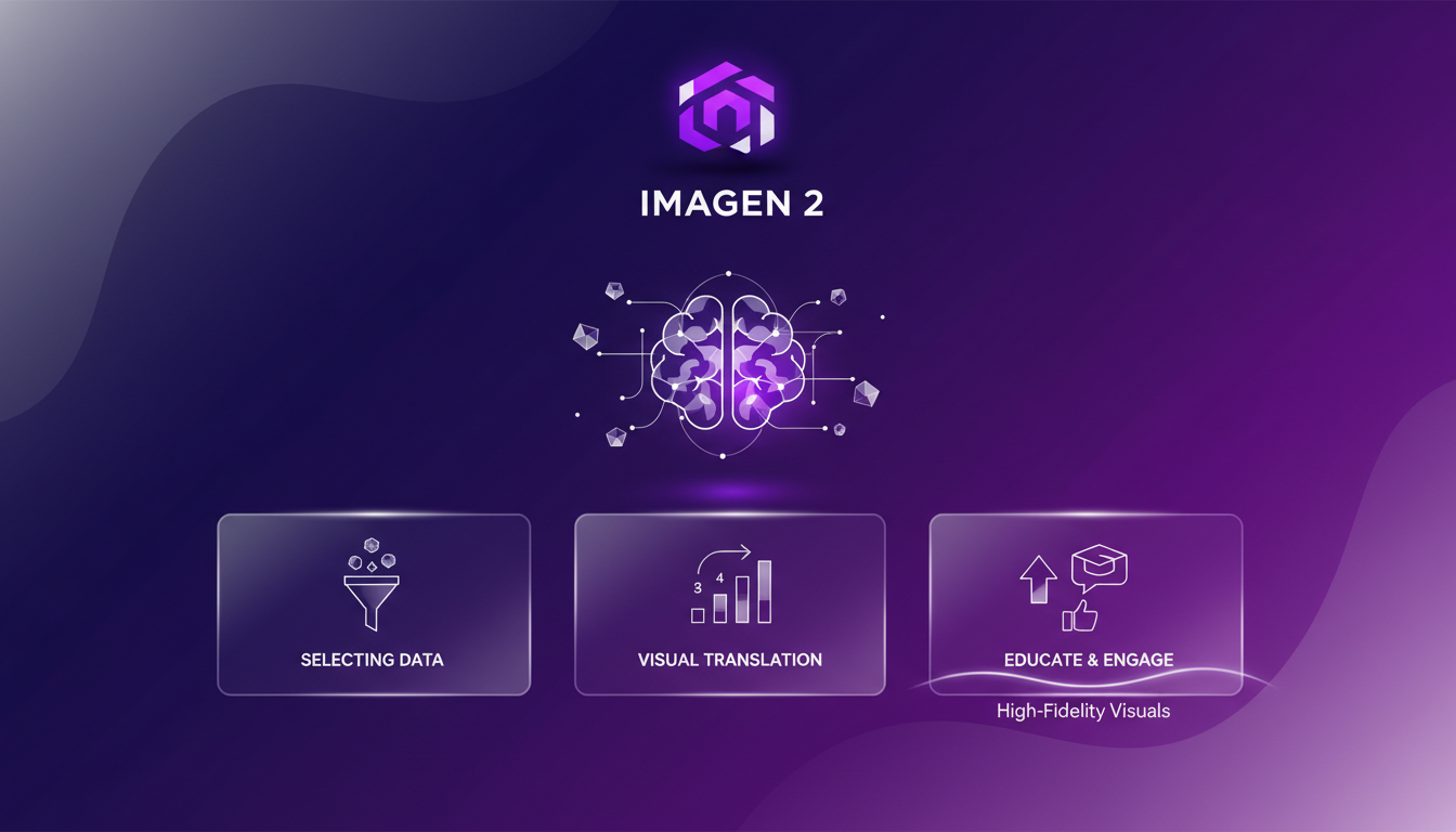 Modern illustration of crafting educational infographics with Imagen 2, featuring geometric shapes and elegant gradients in deep indigo and violet.