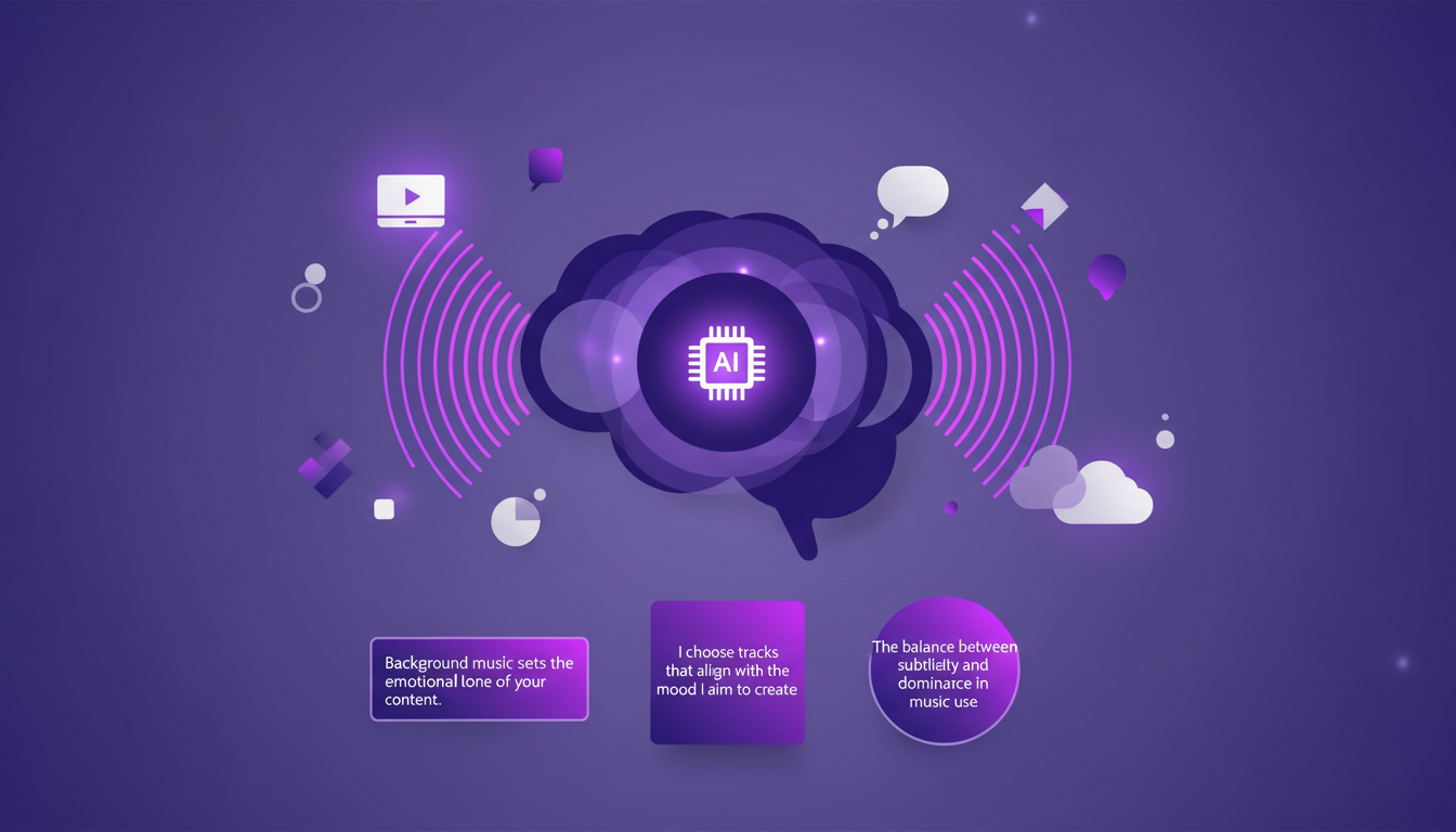 Modern illustration of background music influencing perception, featuring geometric shapes and violet gradients to set an emotional tone.