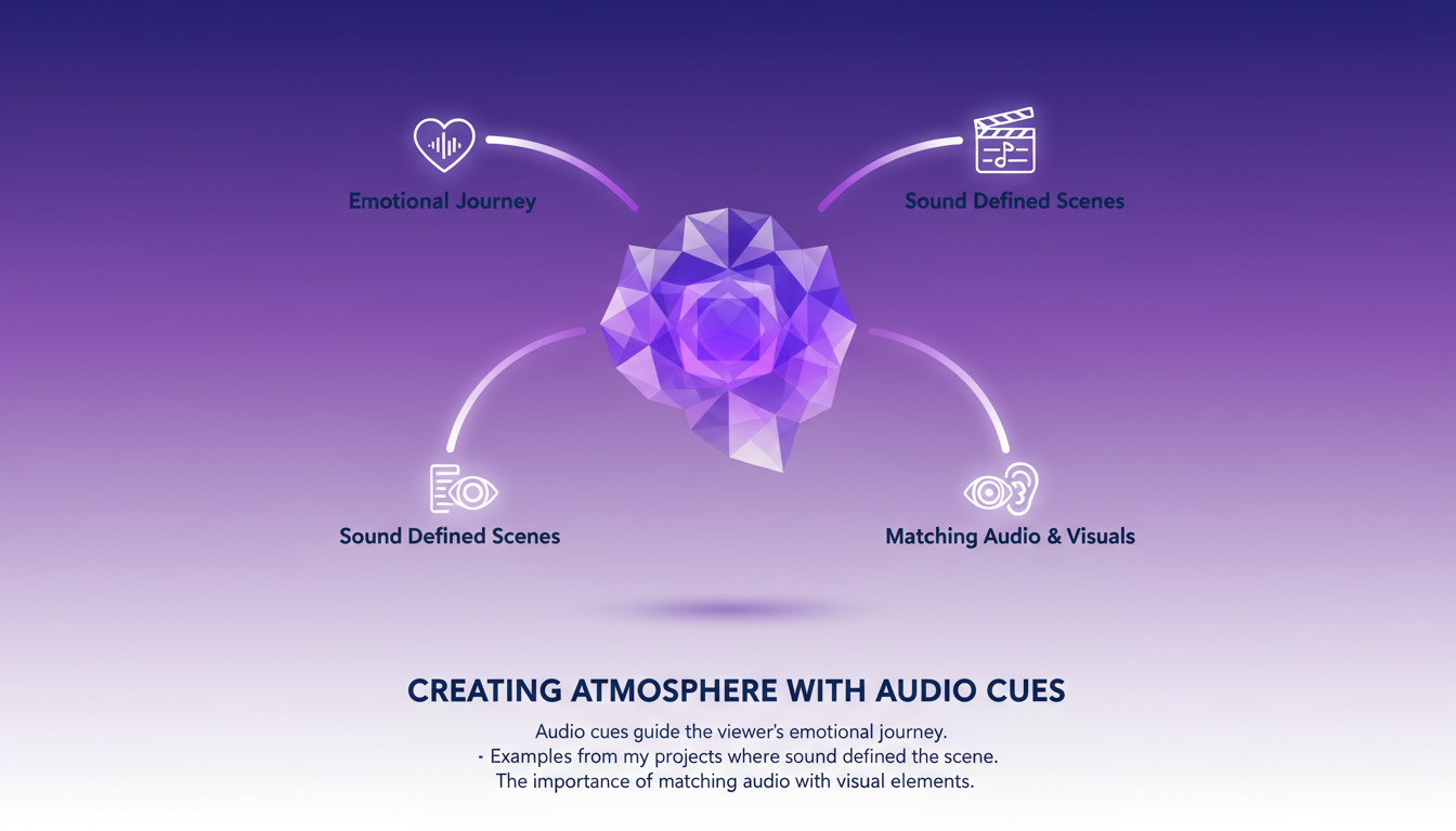 Modern minimalist illustration of creating atmosphere with audio cues, featuring geometric shapes and violet gradients for a tech blog.
