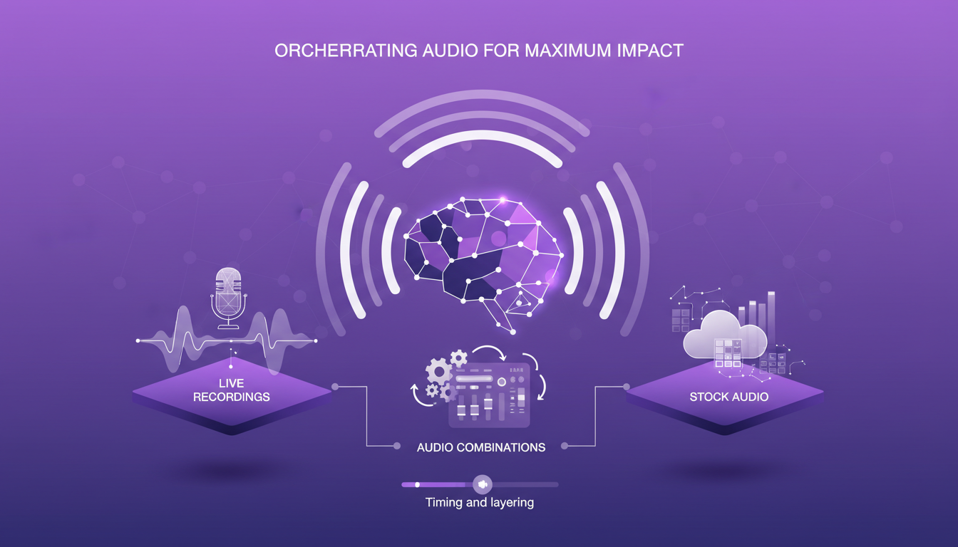 Modern illustration of audio orchestration with geometric shapes and violet gradients, symbolizing maximum sound impact.