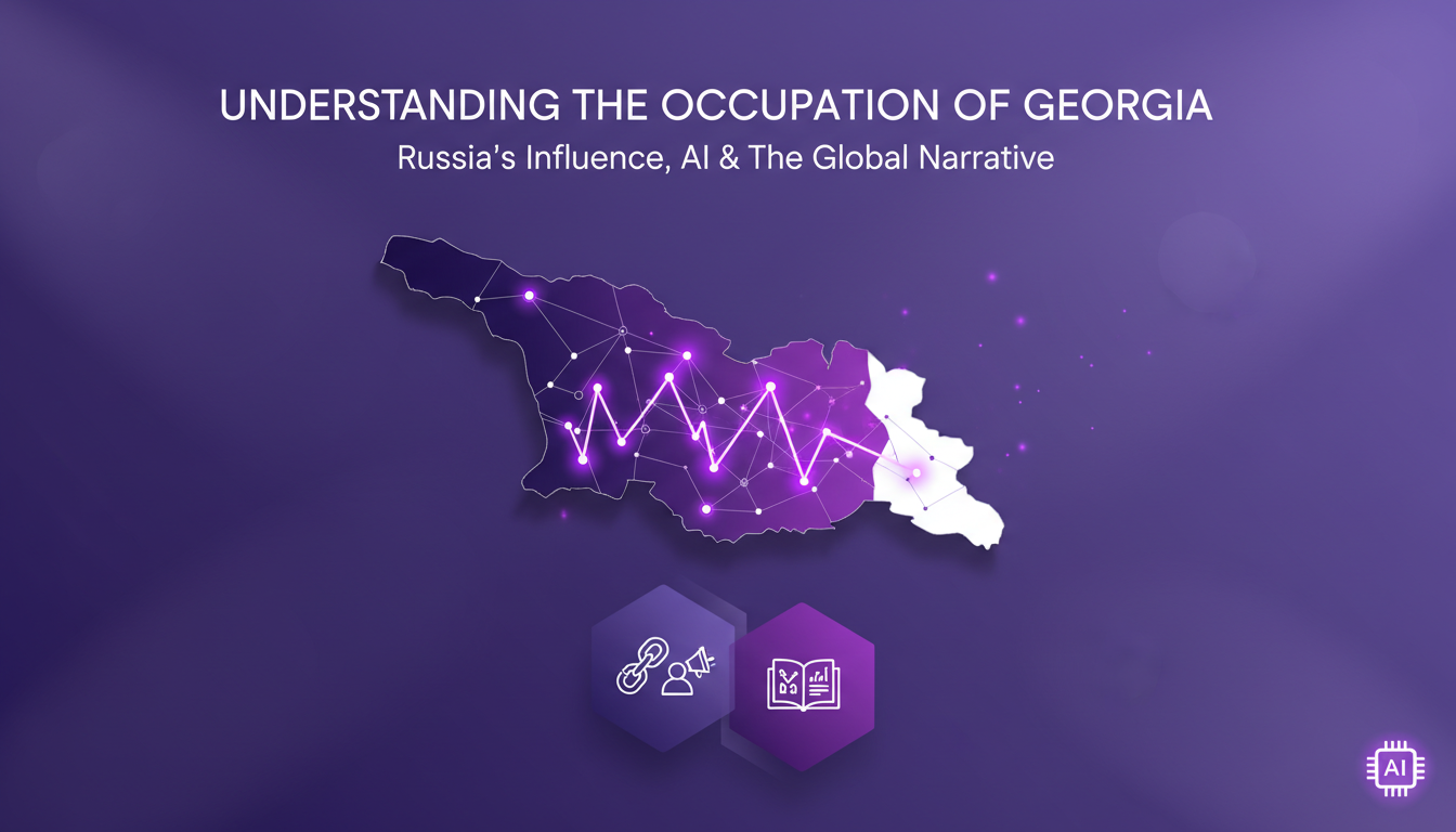 Modern minimalist illustration of Georgia's occupation by Russia, political and social impact, indigo and violet hues.