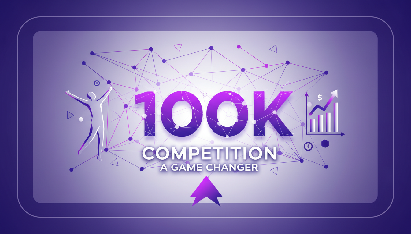 Modern illustration of the $100,000 Competition, symbolizing innovation with geometric shapes and violet gradients.