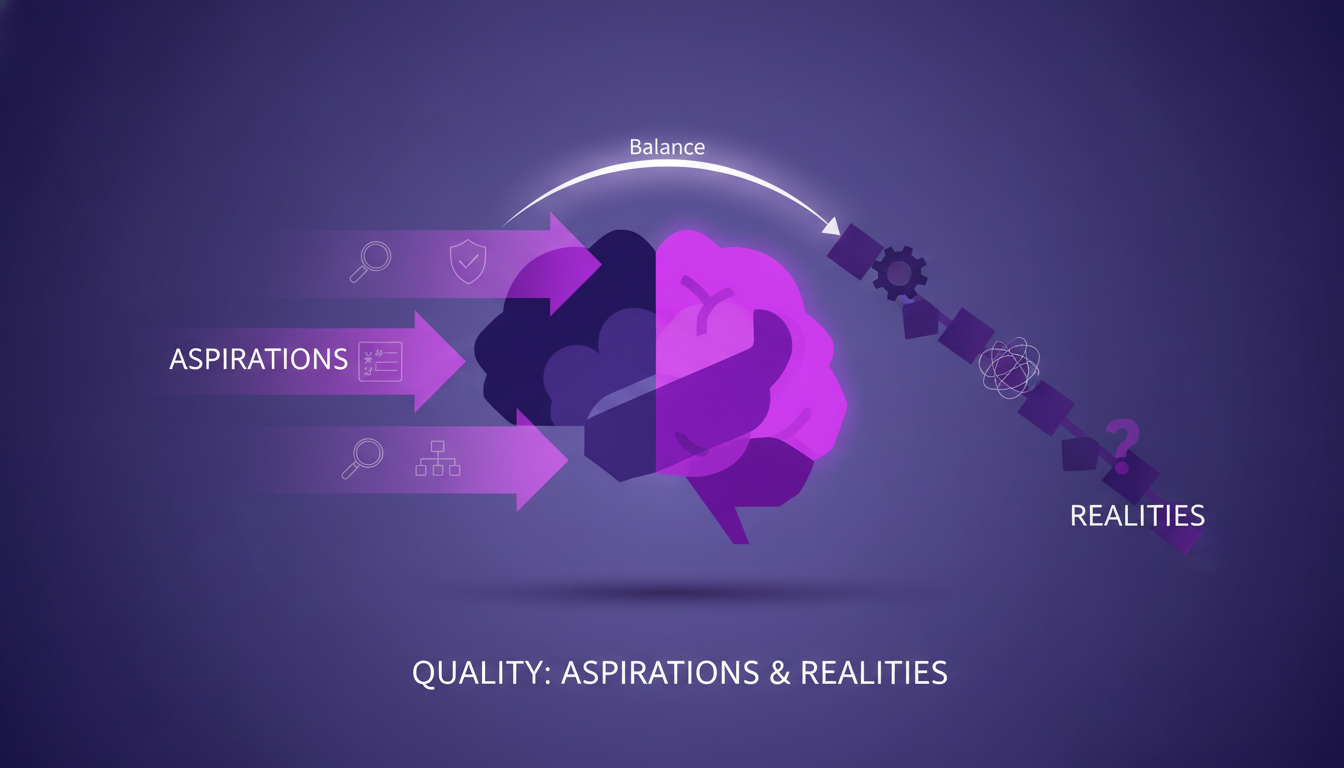 Illustration moderne montrant aspirations et réalités de qualité en technologie IA, formes géométriques, dégradés indigo et violet.