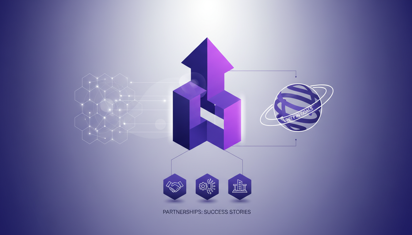 Illustration moderne représentant l'unité et la collaboration en développement produit, avec formes géométriques et technologie IA.