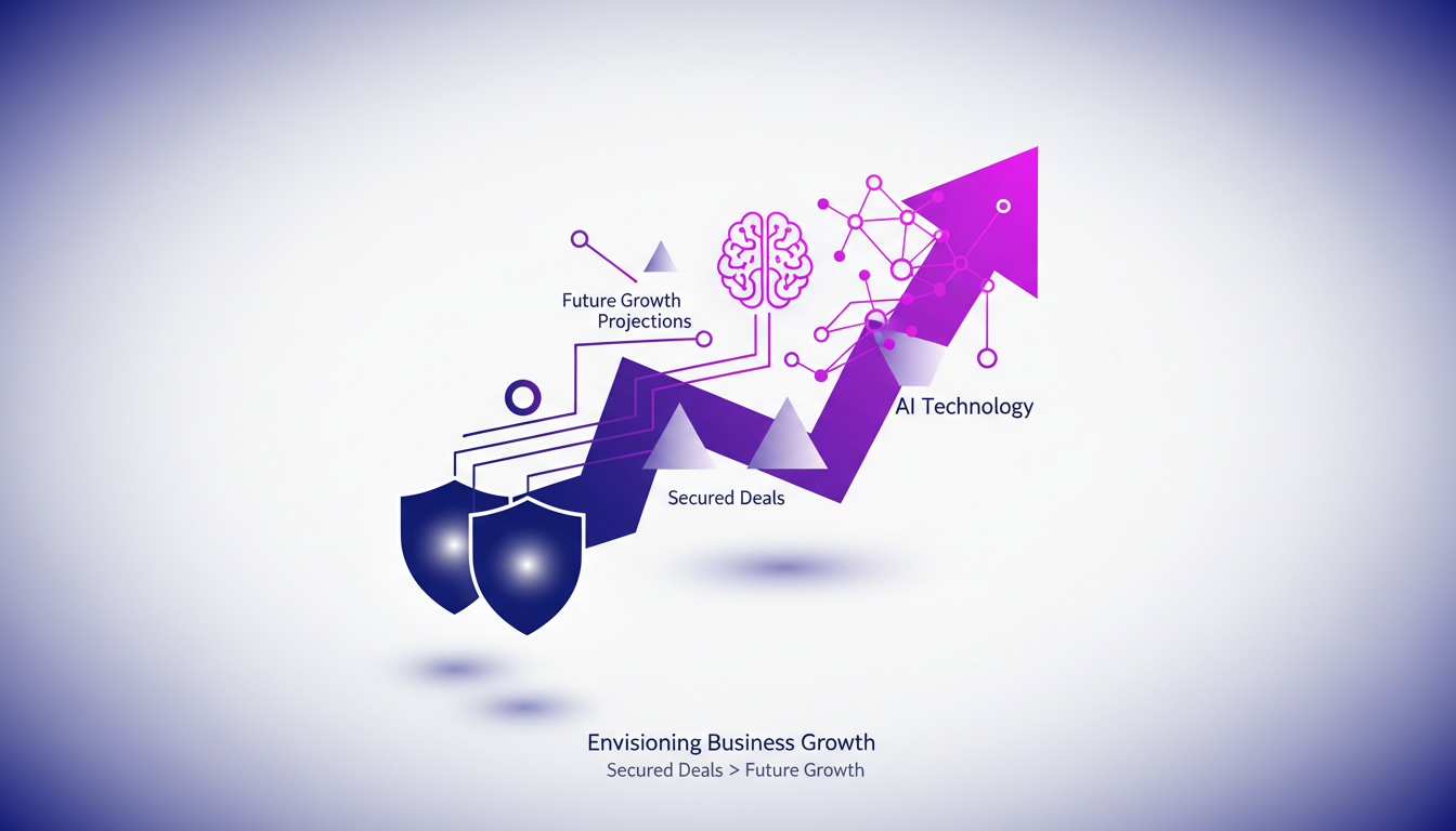 Illustration moderne de croissance d'entreprise avec des accords sécurisés, utilisant des formes géométriques et des dégradés indigo et violet.
