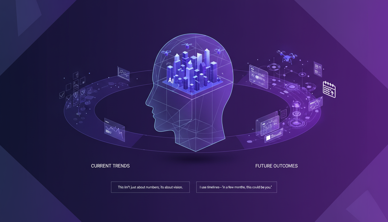 Illustration moderne minimaliste sur la création d'urgence avec projection d'issues futures, utilisant des formes géométriques et des dégradés.