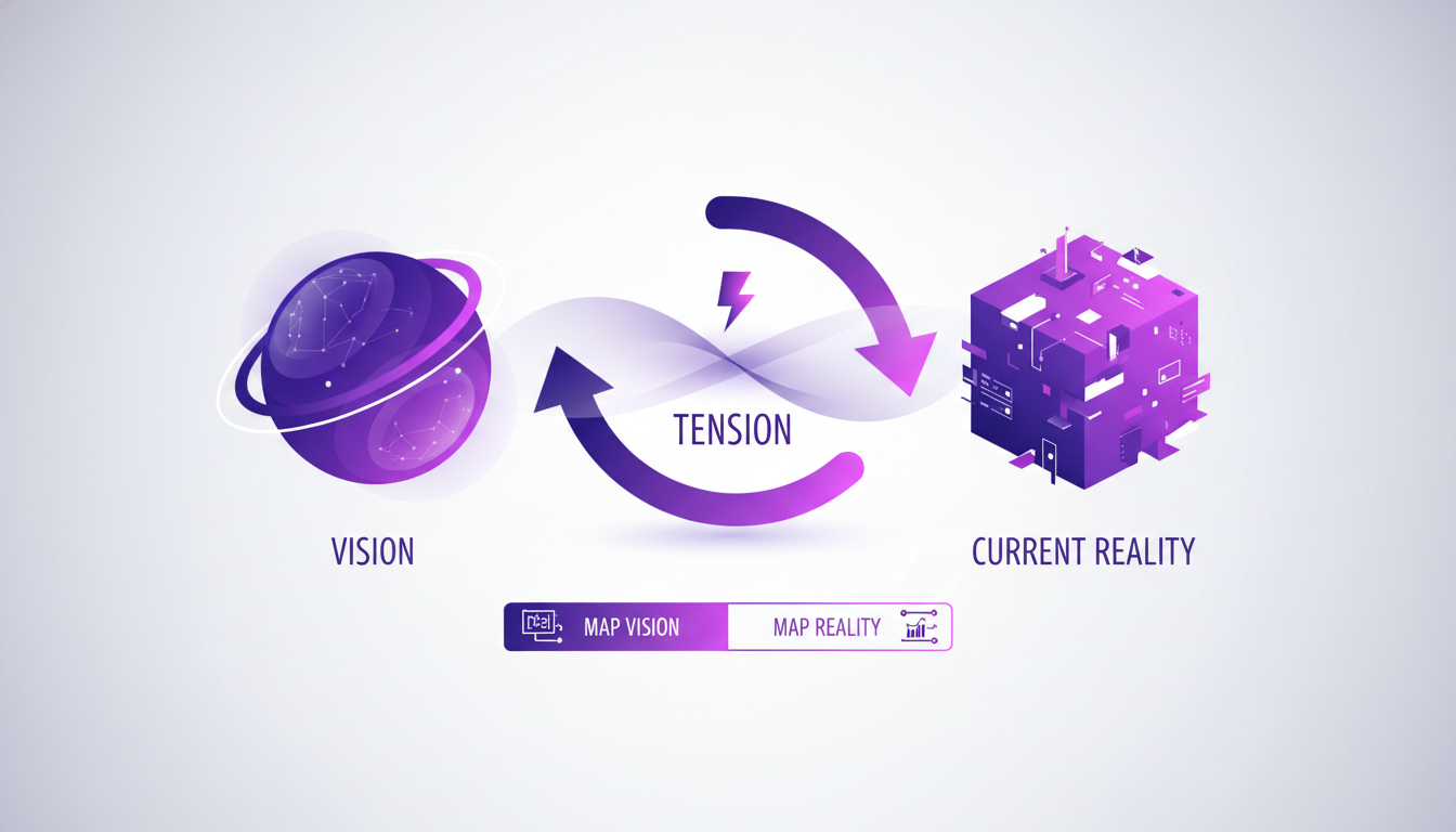 Modern illustration of the oscillation between vision and current reality in decision-making, featuring geometric shapes and indigo gradients.