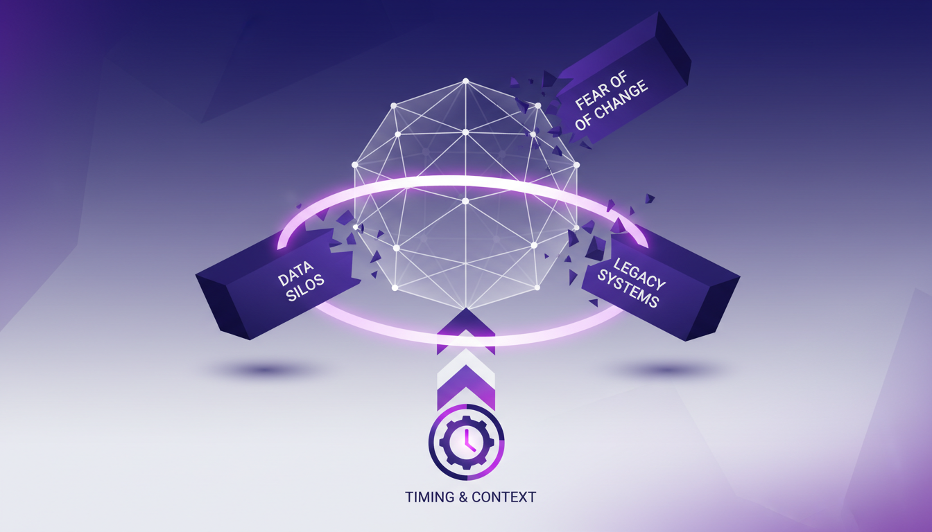 Modern illustration overcoming obstacles to increase urgency, featuring geometric shapes and violet gradients, AI context.