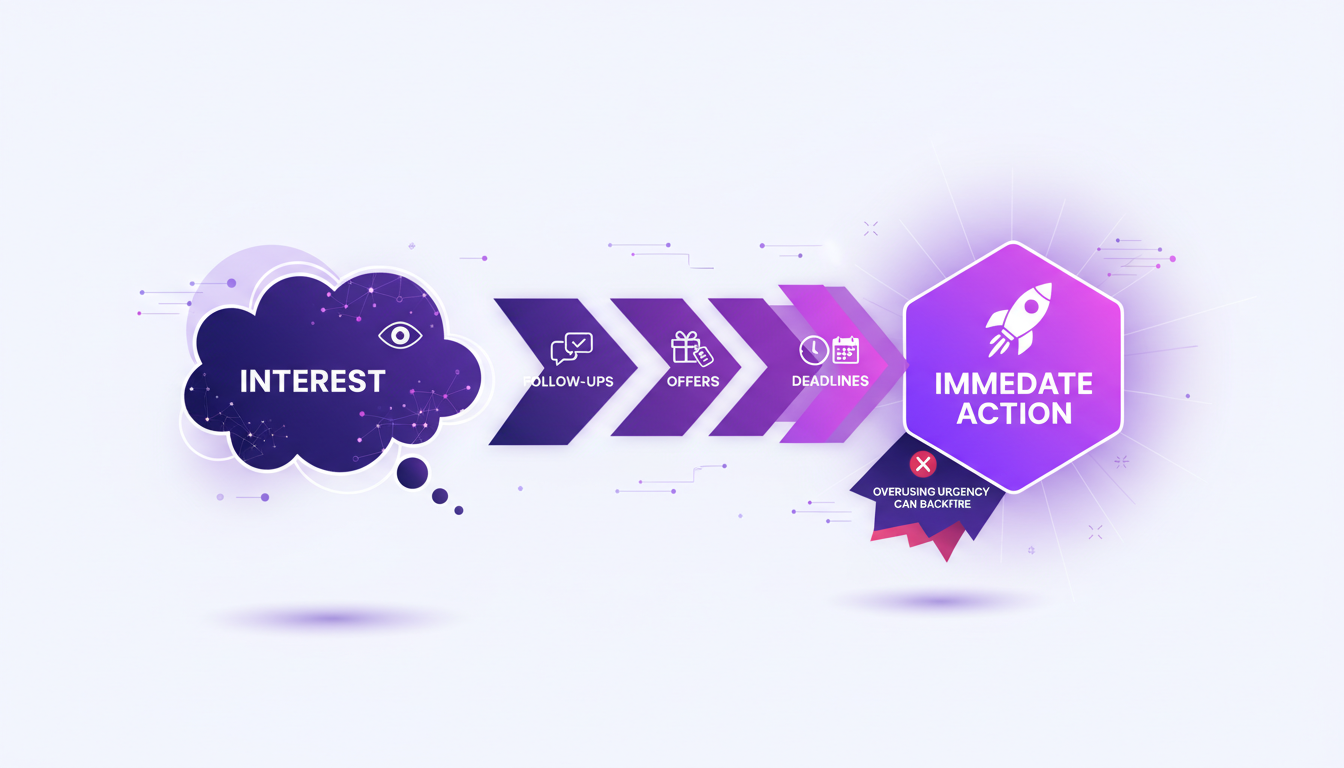 Modern illustration of converting interest to action with geometric shapes and violet gradients, AI technology theme.