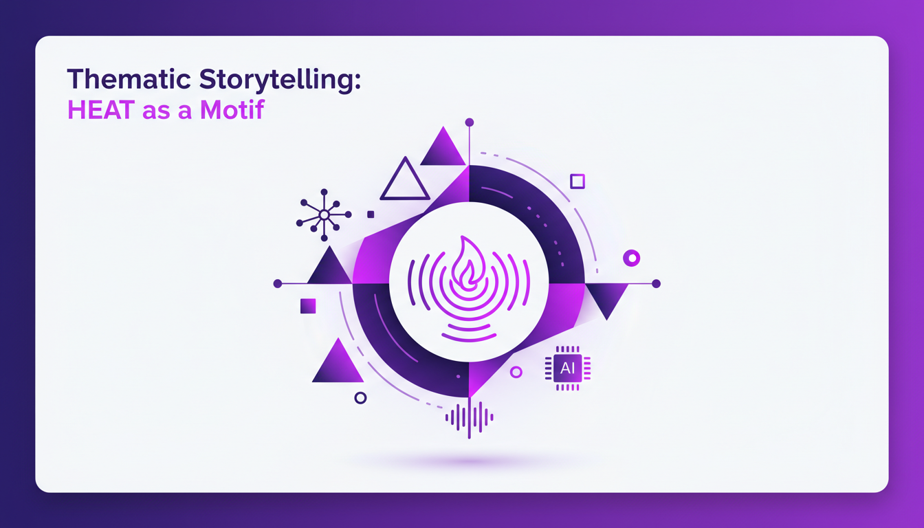 Modern illustration of thematic storytelling using 'heat' as a motif, featuring geometric shapes and violet gradients.