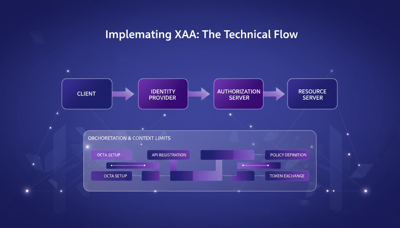 Modern illustration of XAA implementation with four systems: client, identity provider, authorization server, resource server.