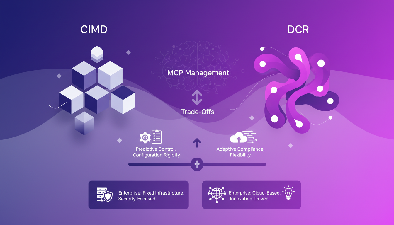 Modern illustration comparing CIMD and DCR standards, highlighting differences and practical implications in MCP management.