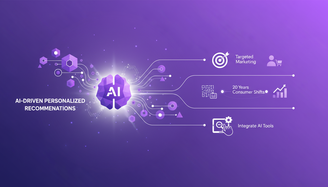 Modern illustration of AI-driven personalized recommendations, featuring geometric shapes and indigo-violet gradients.