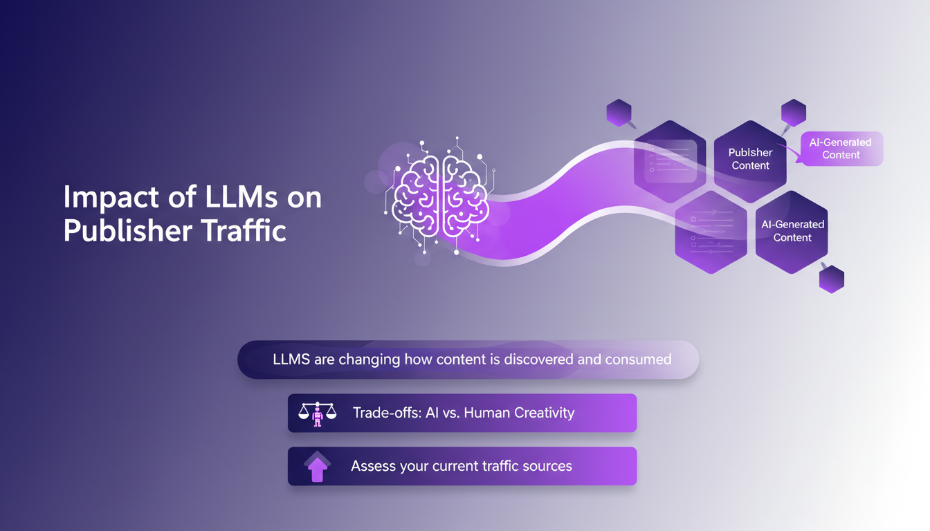 Modern illustration of LLMs' impact on publisher traffic, featuring geometric shapes and violet gradients, symbolizing technological innovation.