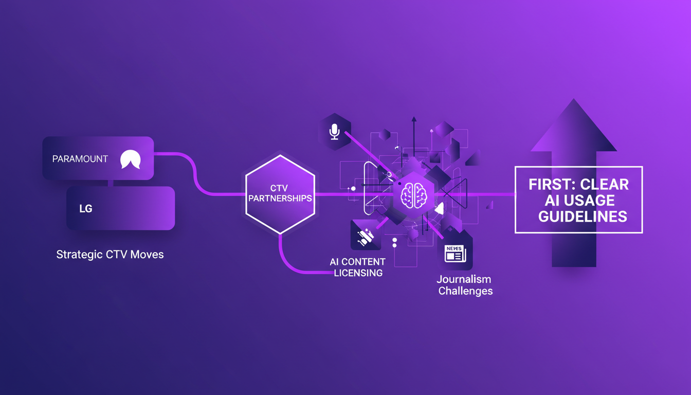 Modern illustration of CTV partnerships and AI content licensing, featuring geometric shapes and indigo-violet gradients, highlighting innovation.