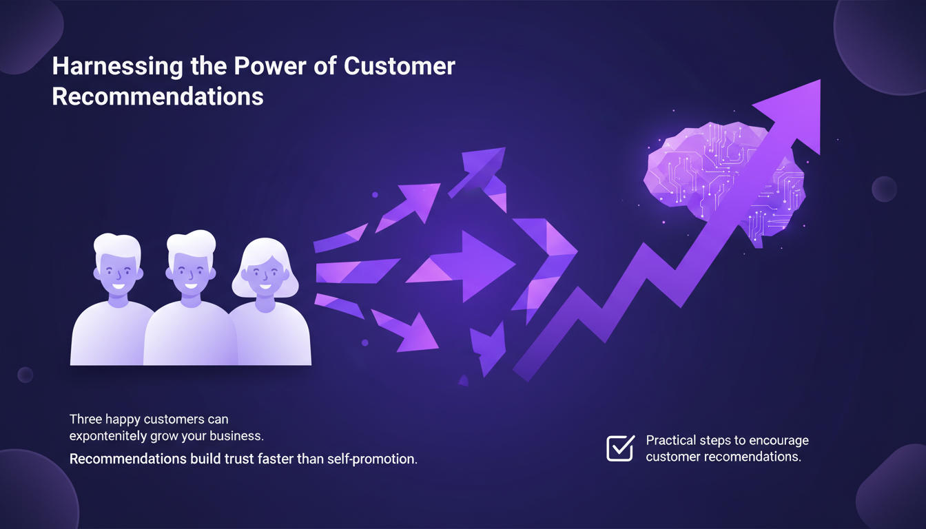 Illustration moderne de trois clients heureux utilisant la technologie IA pour recommander des entreprises, avec des formes géométriques et des dégradés.