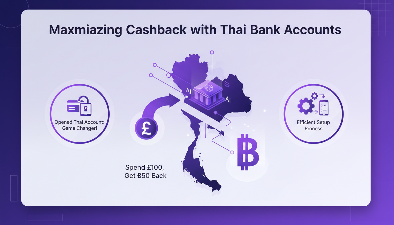 Illustration moderne sur l'optimisation du cashback avec des comptes bancaires thaïlandais, utilisant des formes géométriques et des dégradés violets.