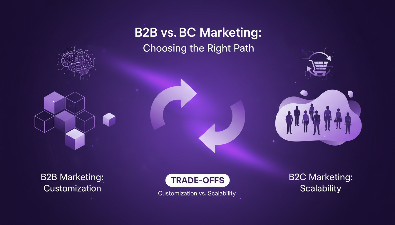 Illustration moderne de B2B vs B2C Marketing, montrant les différences clés et l'adaptation pour différents publics, avec des formes géométriques.