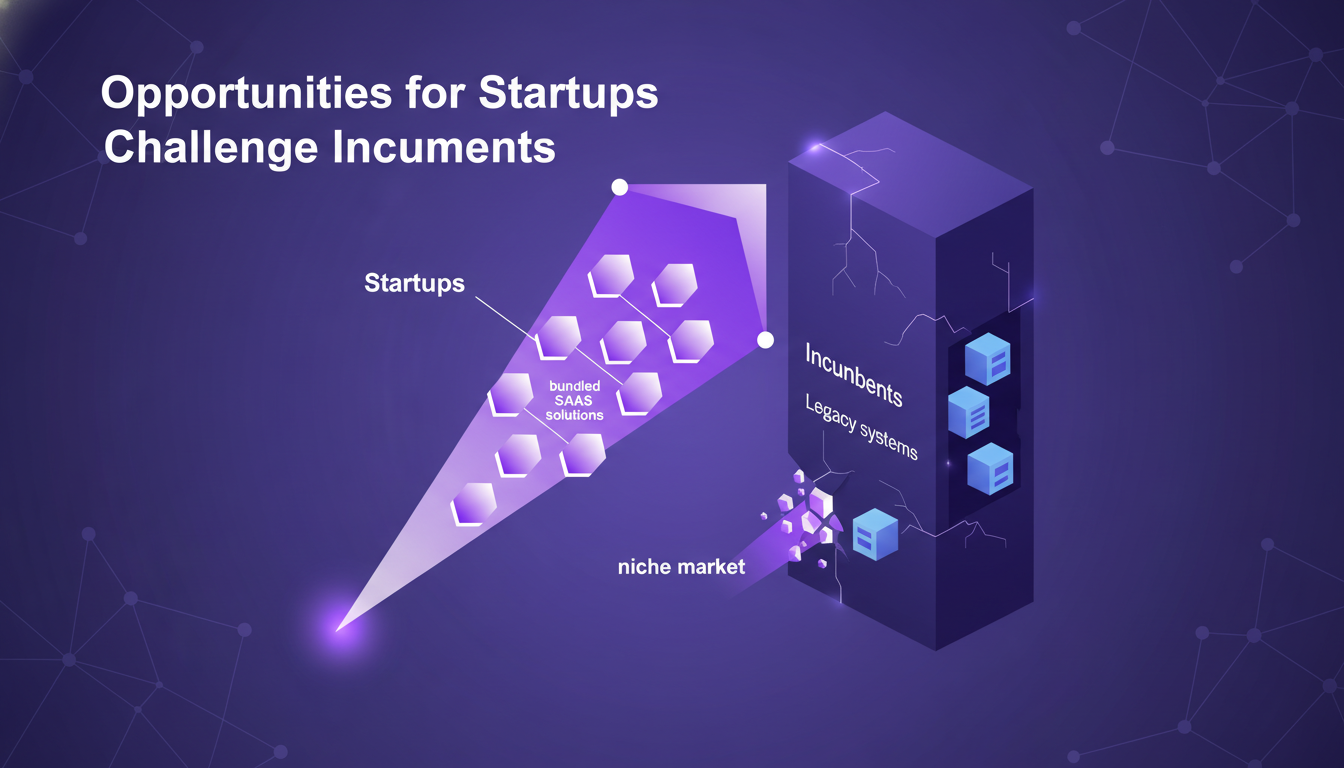 Illustration moderne de startups défiant les incumbents avec technologie AI, formes géométriques et dégradés violets.