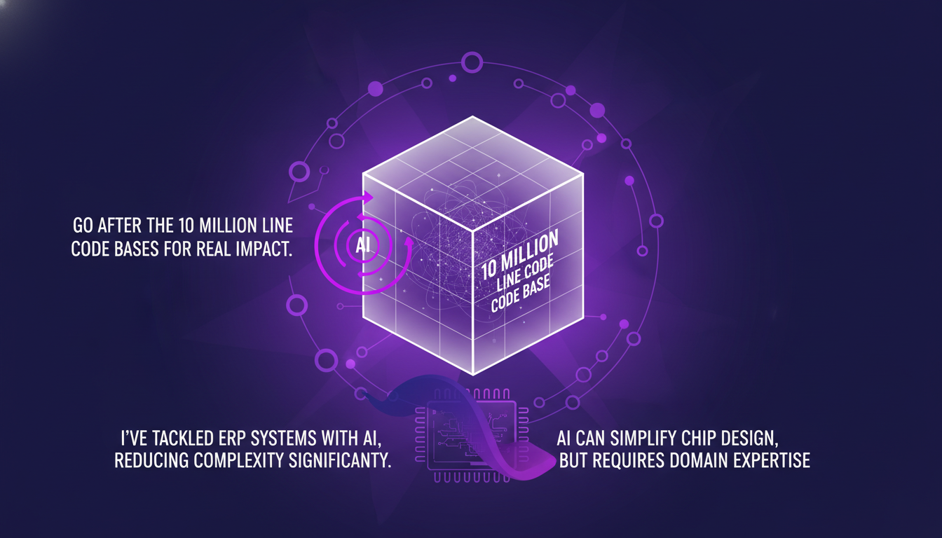 Illustration moderne de produits logiciels complexes ciblés par l'IA, code de 10 millions de lignes, simplification ERP et conception de puces.