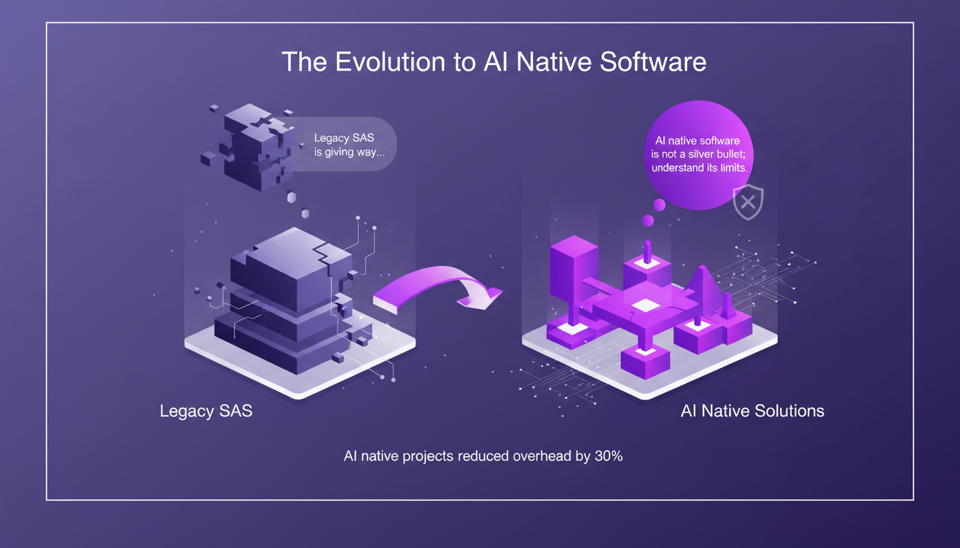 Illustration moderne sur l'évolution vers les logiciels natifs IA, avec formes géométriques et dégradés indigo et violet.