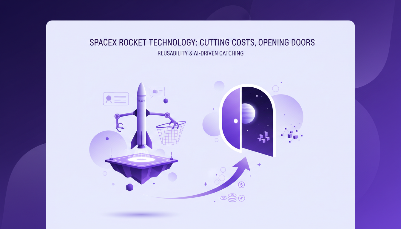 Illustration moderne de la technologie des fusées SpaceX, mettant en avant la réutilisation et la réduction des coûts, rendant l'espace accessible.