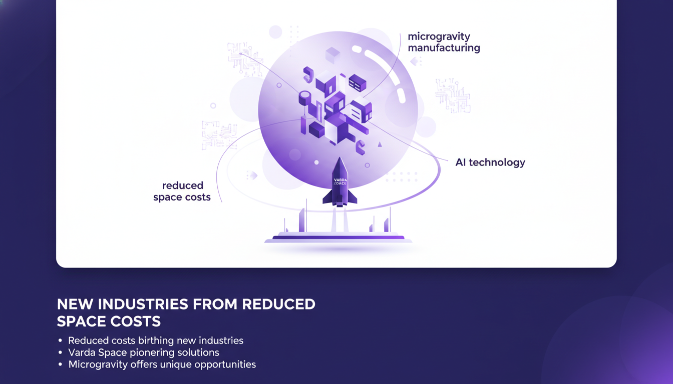 Illustration moderne de l'industrie spatiale émergente avec Varda Space, mettant en avant la fabrication en microgravité et des coûts réduits.
