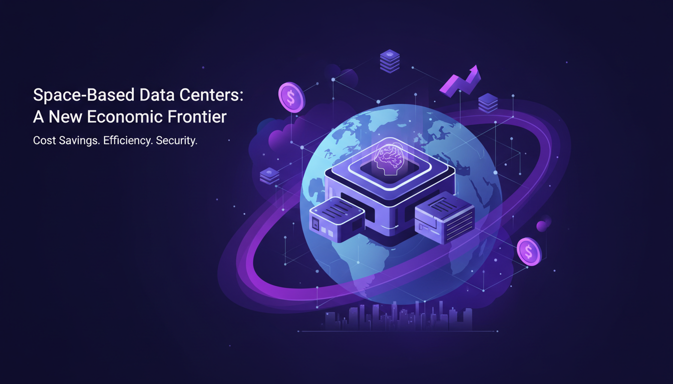 Illustration moderne de centres de données spatiaux, symbolisant une nouvelle frontière économique avec efficacité de refroidissement et sécurité.