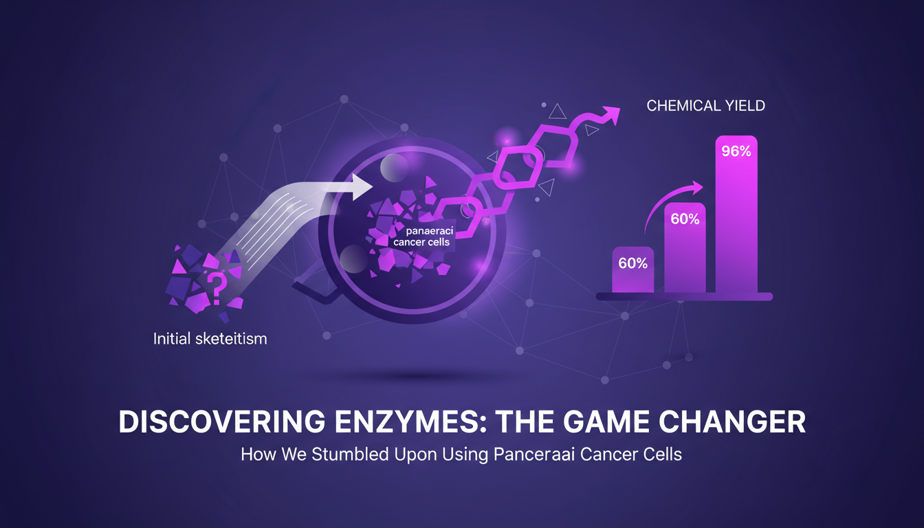 Modern minimalist illustration on enzyme discovery, highlighting pancreatic cancer cells and high chemical yield, with geometric shapes and gradients.