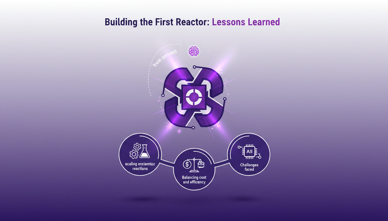 Modern illustration of first Bioforge reactor, initial concept, scaling challenges, cost-efficiency balance, AI technology.
