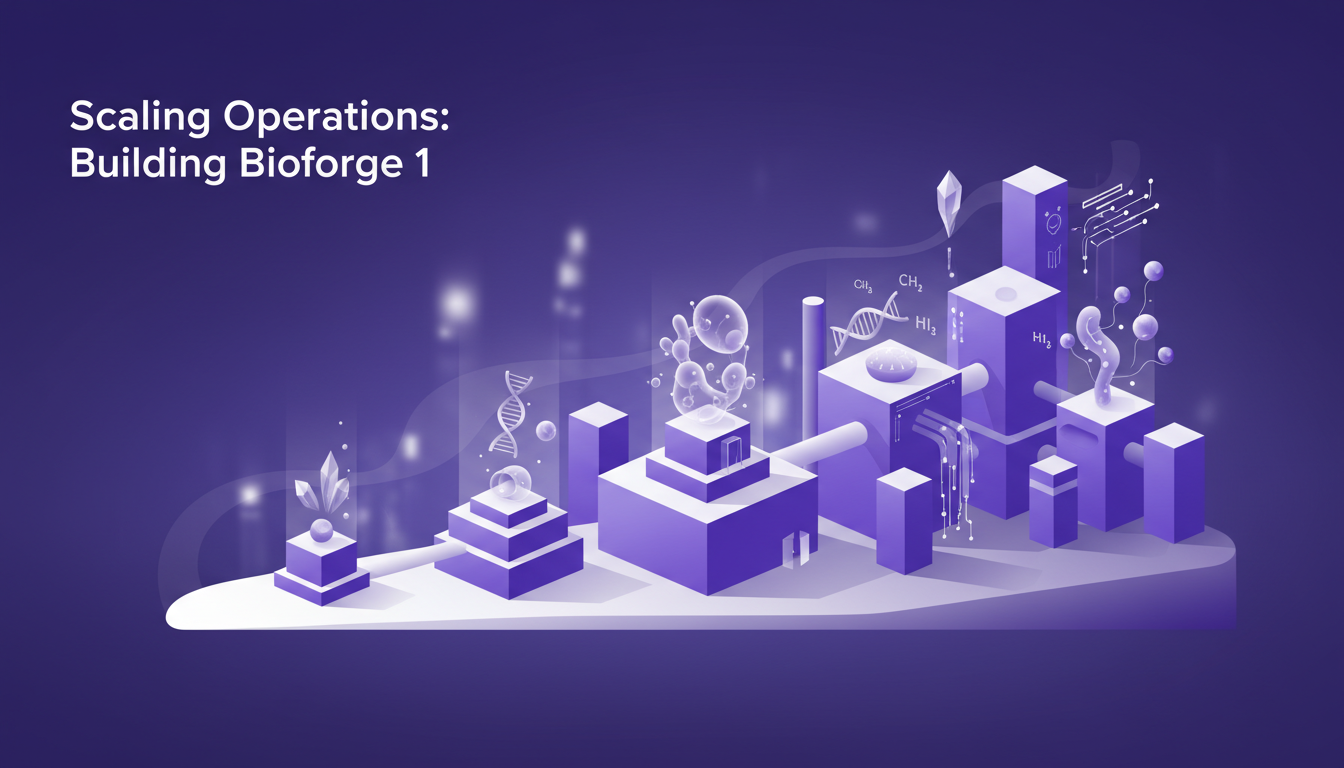 Modern illustration of Bioforge 1, integrating chemistry and biology, depicting the leap from prototype to production scale.