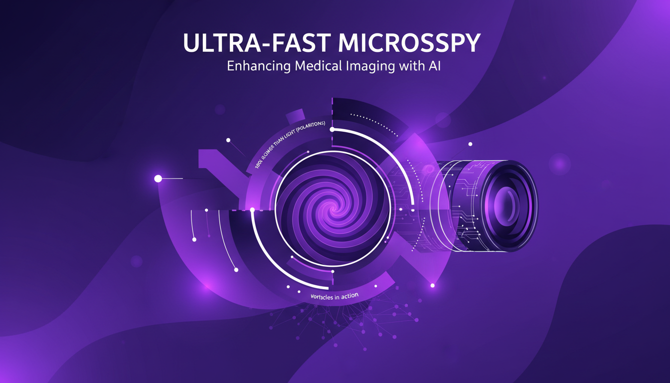 Modern illustration of ultra-fast microscopy capturing vortices, tech 100x slower than light, integrated in medical imaging devices.