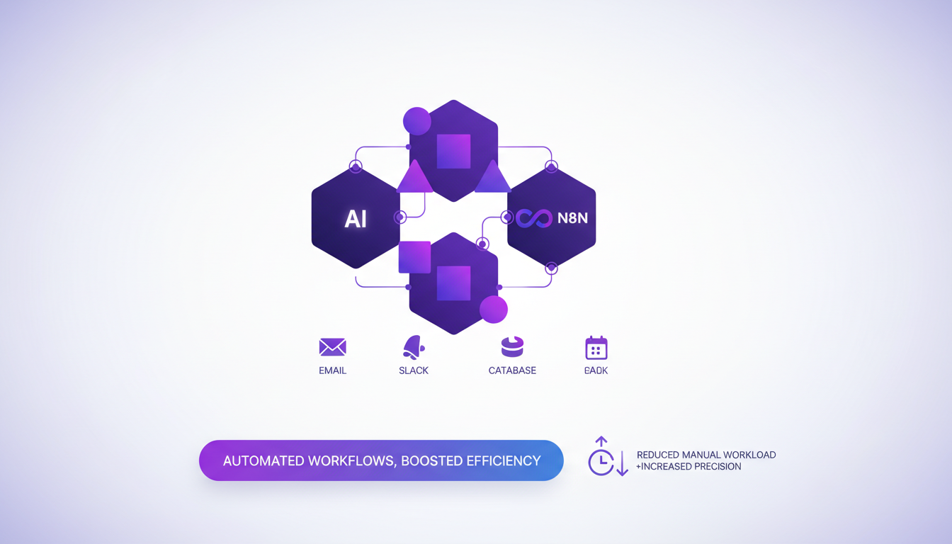 Modern illustration of AI integration with N8N, showcasing workflow automation with geometric shapes and gradient overlays.