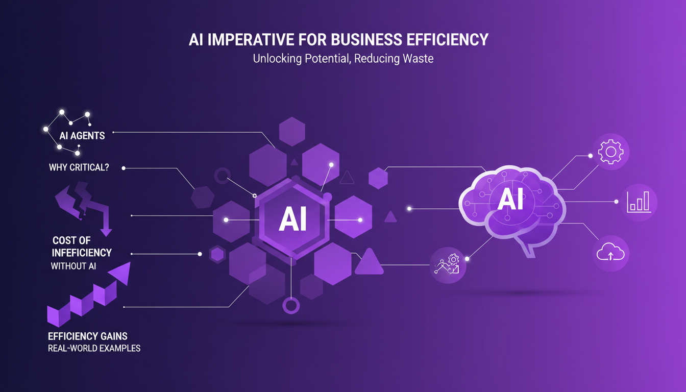 Modern illustration of a business leveraging AI for efficiency, featuring geometric shapes and indigo-violet gradients.