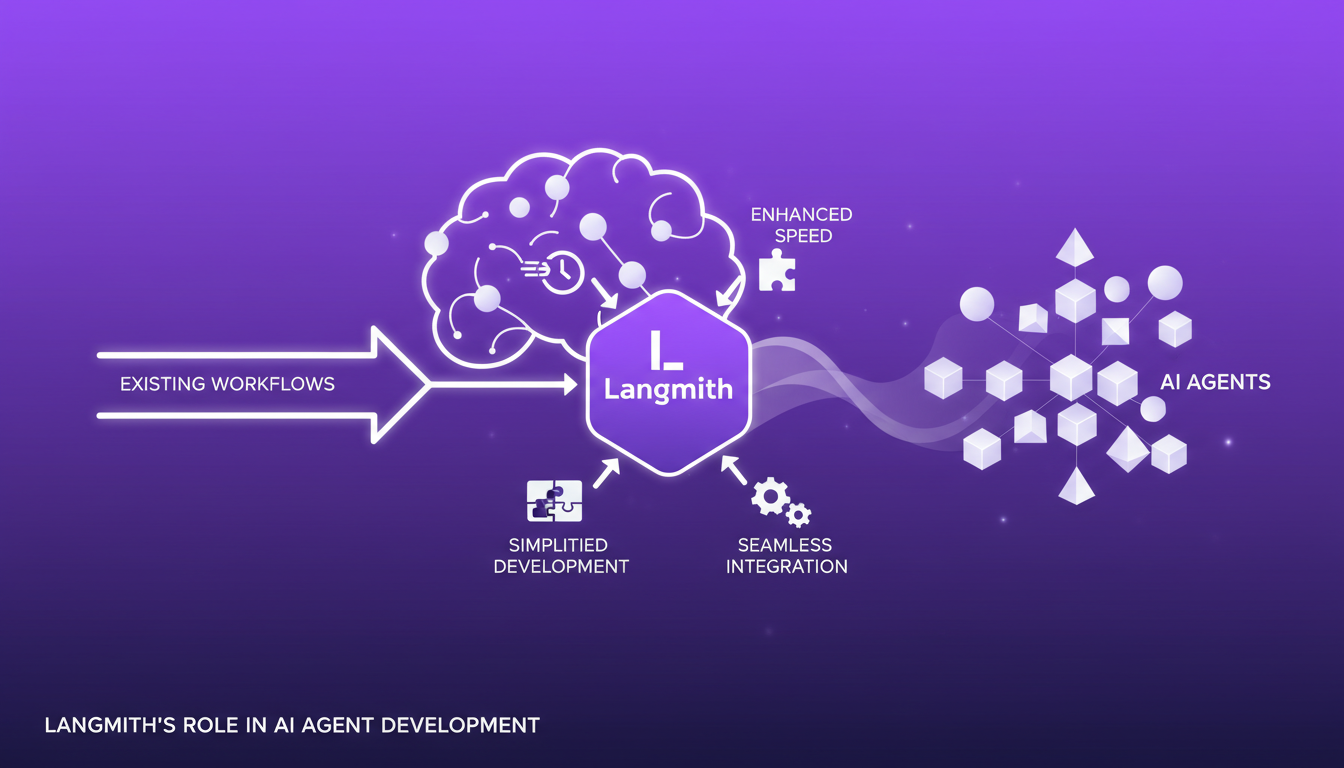 Modern illustration of Langmith simplifying AI agent development, seamless integration into workflows, featuring indigo and violet tones.