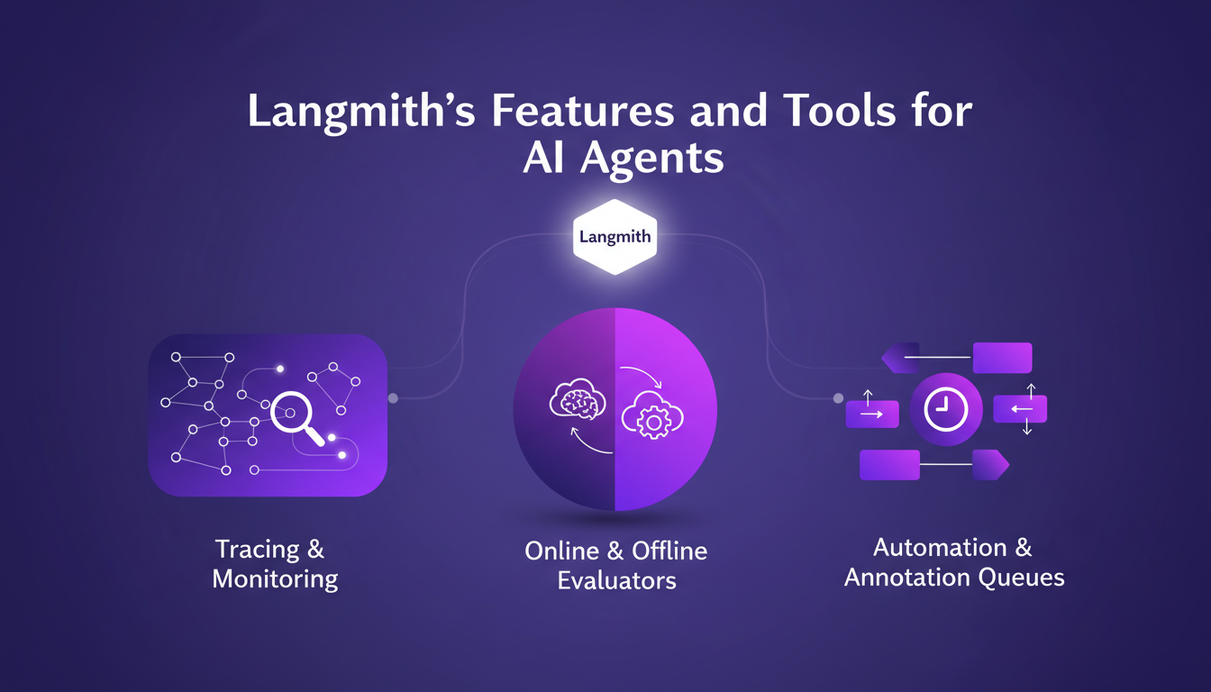 Modern illustration of Langmith's AI agent tools, highlighting tracing, monitoring, and automation with geometric shapes and gradient overlays.