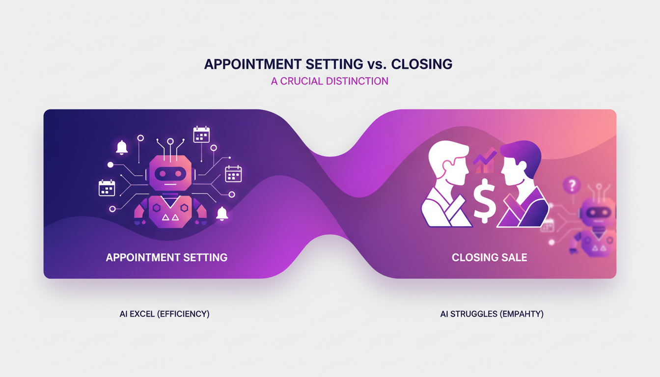 Modern illustration of the distinction between appointment setting and closing sales, highlighting AI, with geometric shapes and gradient overlays.
