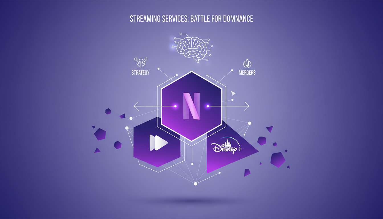 Illustration moderne minimaliste représentant la bataille pour la domination des services de streaming, avec des formes géométriques et des dégradés violets.