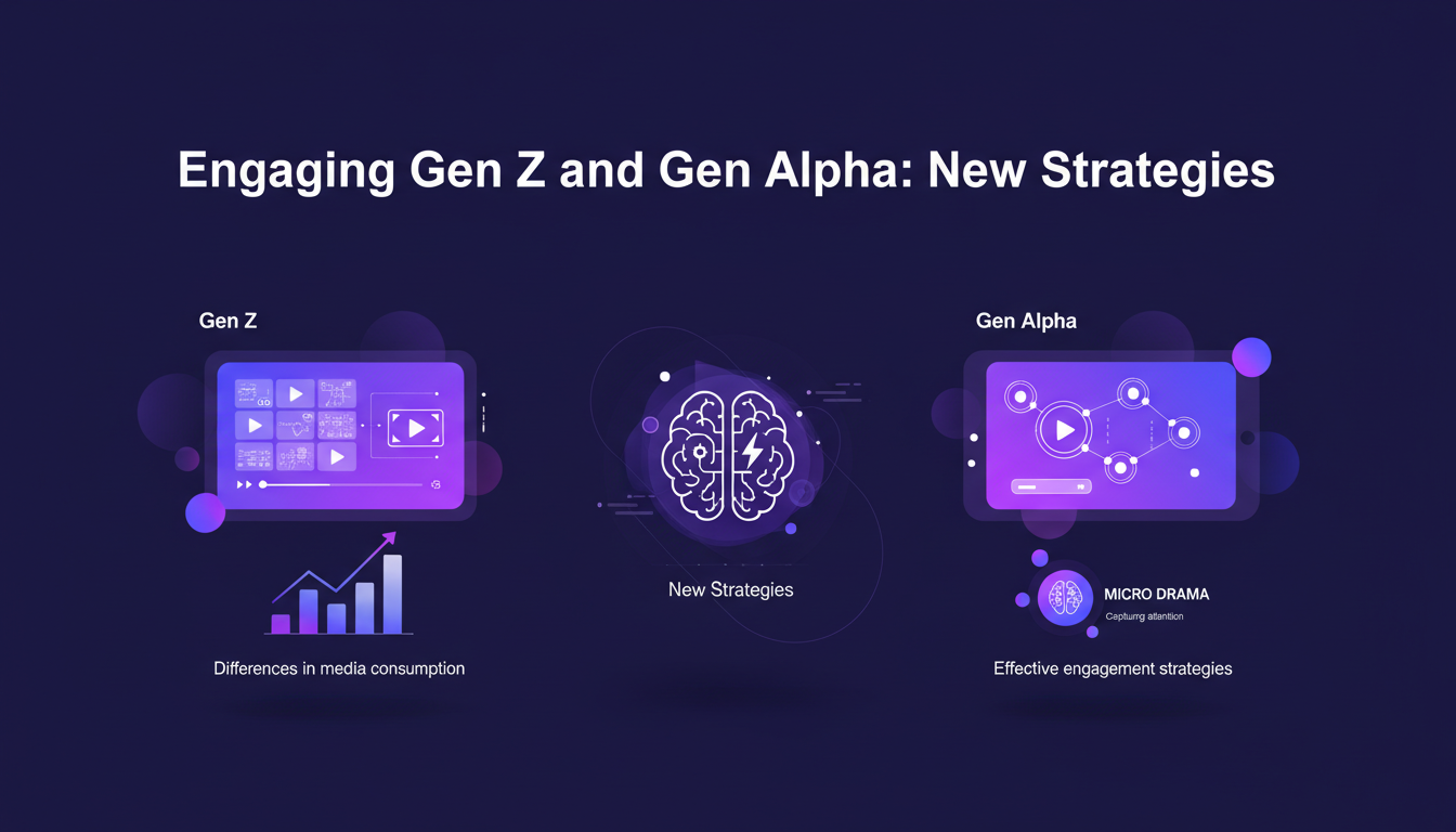 Illustration moderne sur l'engagement de la Gen Z et Alpha avec des formes géométriques, technologie IA, et palette indigo-violet.