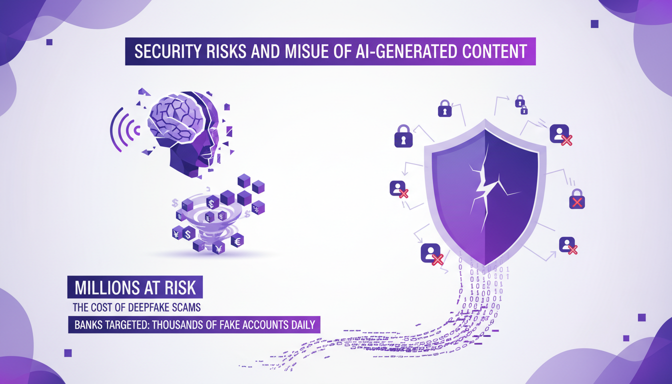 Modern illustration depicting security risks and misuse of AI-generated content, highlighting deepfakes in financial fraud scenarios.