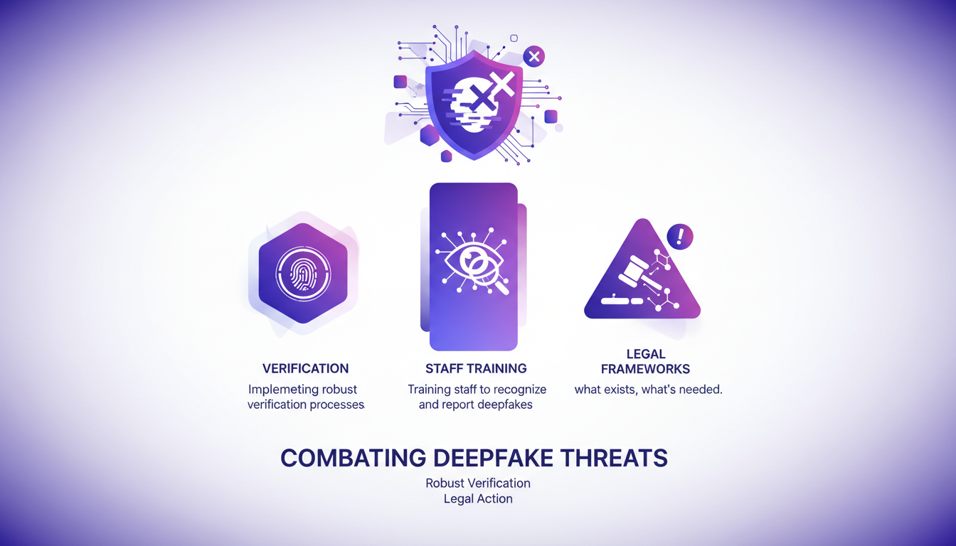 Modern illustration depicting strategies to combat deepfake threats with geometric shapes and violet gradients, highlighting AI technology.